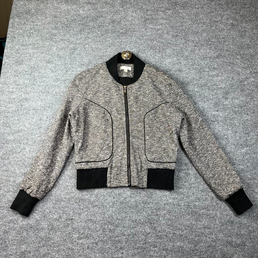 Kenar Bomber Jacket Women Medium Gray Cotton Full Zip Textured Tight Knit Ribbed